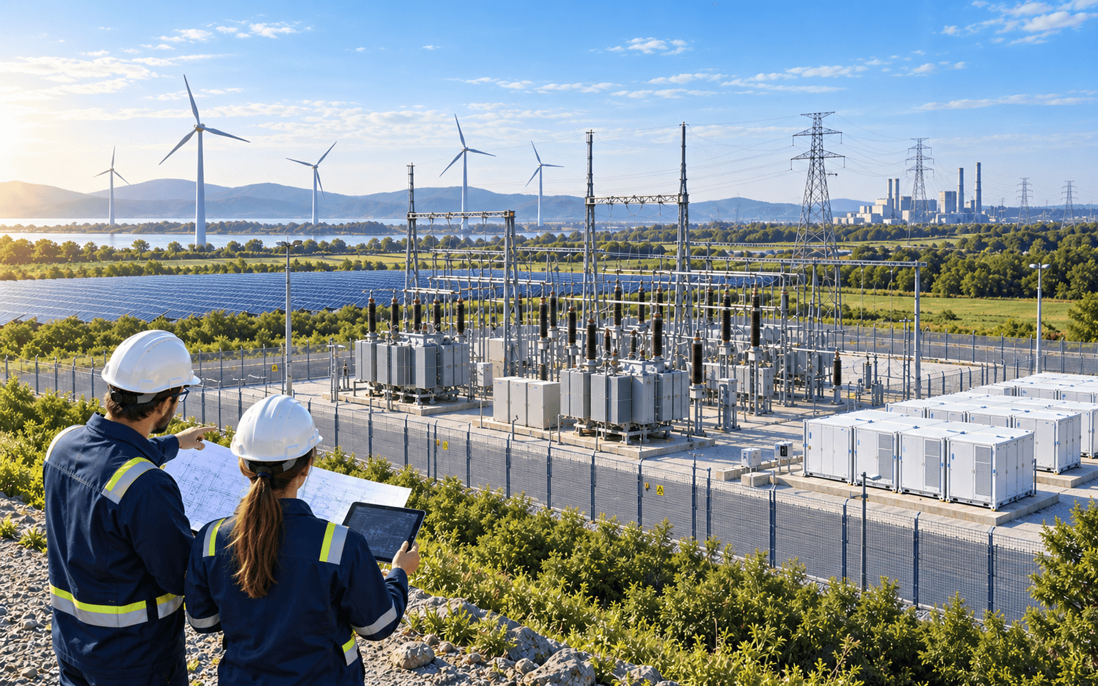 Power system engineers reviewing a renewable energy substation with solar panels, wind turbines and transmission infrastructure.