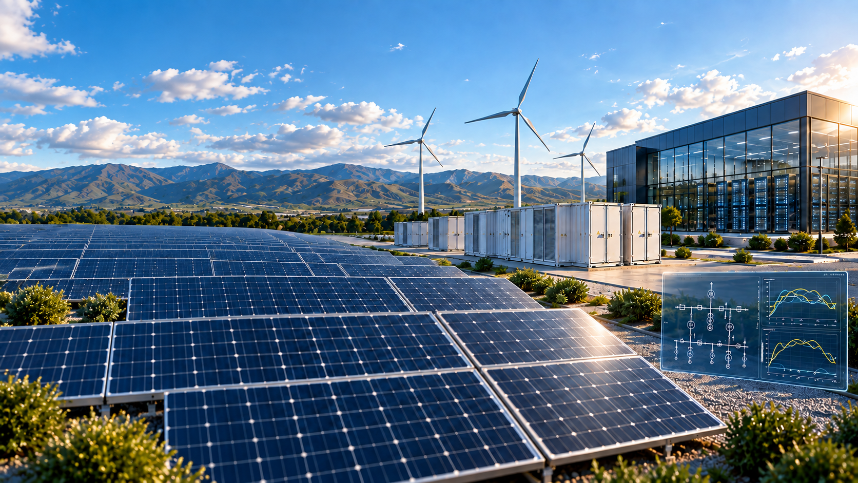 Solar panels, wind turbines, battery storage, and a modern power control facility in a renewable energy campus.